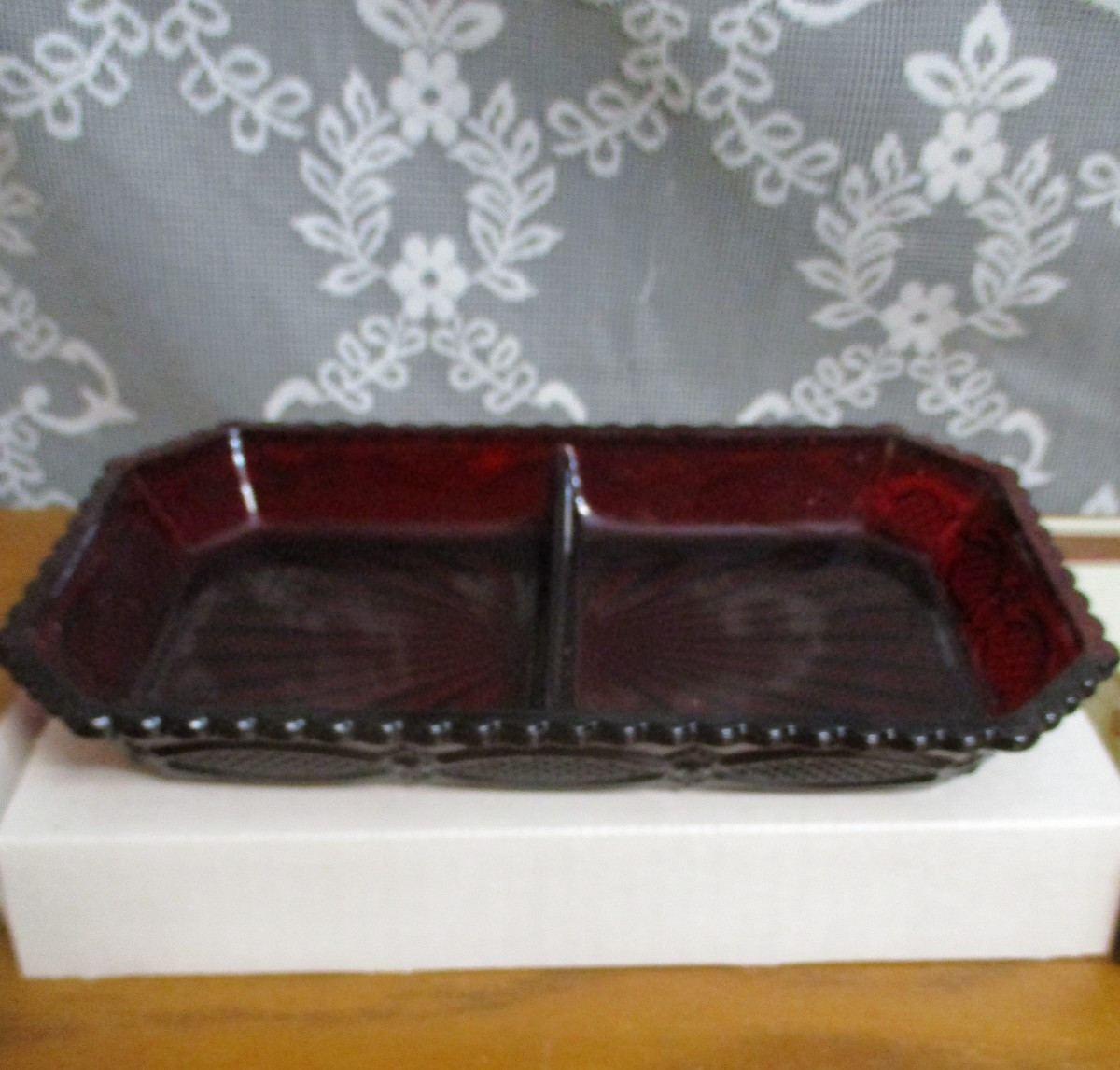 Avon 1876 Cape Cod Ruby Red Glass Divided Relish/Candy Dish - Original Box