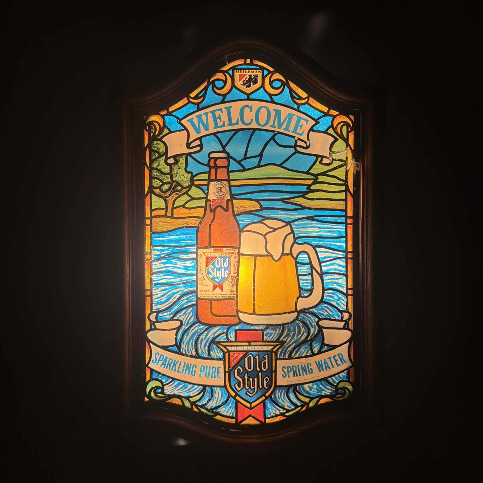 Vtg 1970s Heileman\'s Old Style Beer Welcome Lighted Sign Tiffany Style 