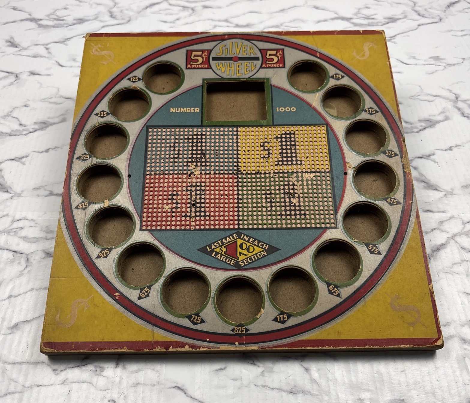 Vintage 5 Cent Silver Wheel Wooden Punch Board 5 Cent Display #1000 RARE Vintage 5 Cent Silver Wheel Wooden Punch Board 5 Cent Display #1000 RARE