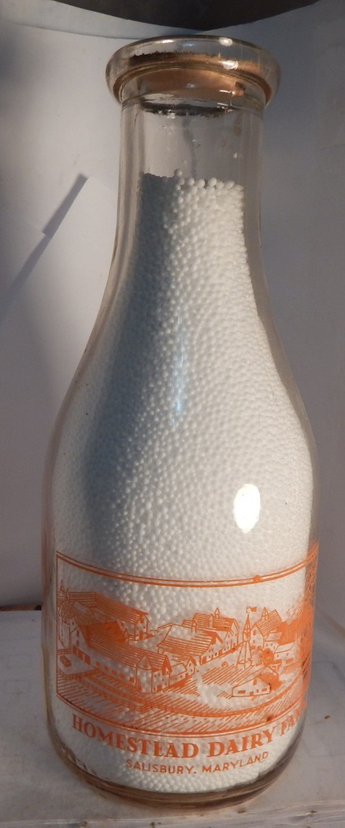 vintage qt pyro milk bottle-Homestead Dairy Salisbury,Md-pic-outline of farm