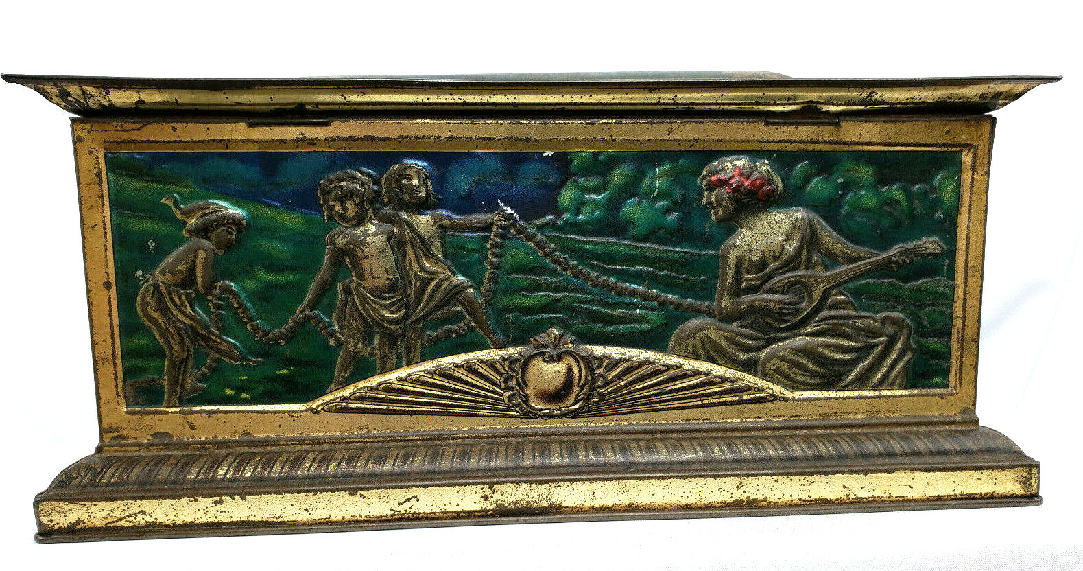 Antique J&J Colman Edwardian Era Casket Tin, Green/Gold, Embossed Scenes, VGC