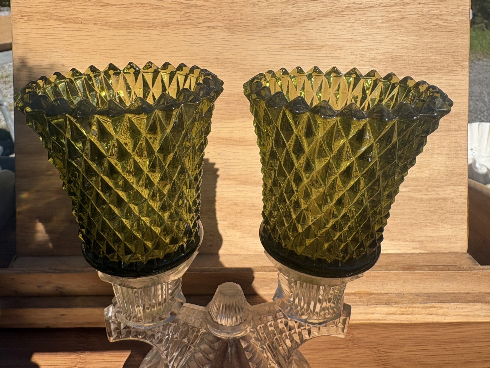 Vintage HOMCO Olive Green Glass Peg Votive Candle Holders Diamond Point Pair 2 