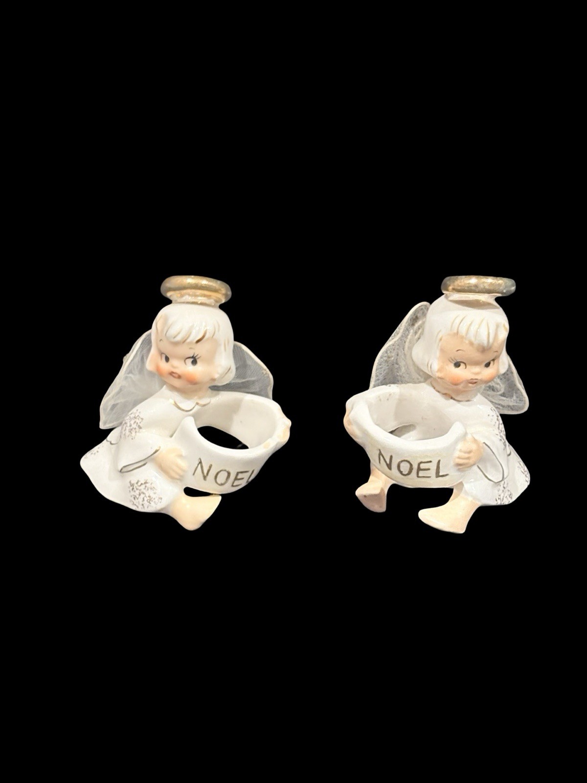 Vtg Lefton Christmas NOEL Angel Candle Hugger Holly Tulle Wing Set 2 Japan RARE