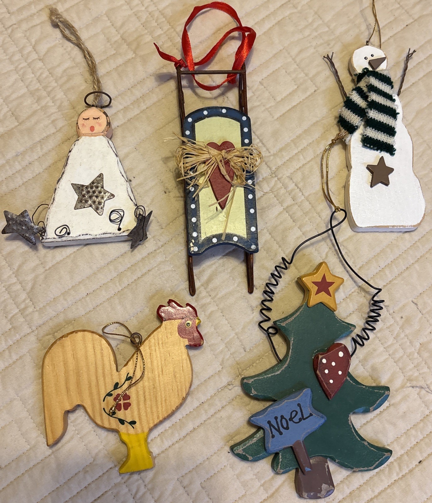 Vtg Primitive Folk Christmas Ornaments Wood Hand Painted Snowman Rooster Sleigh
