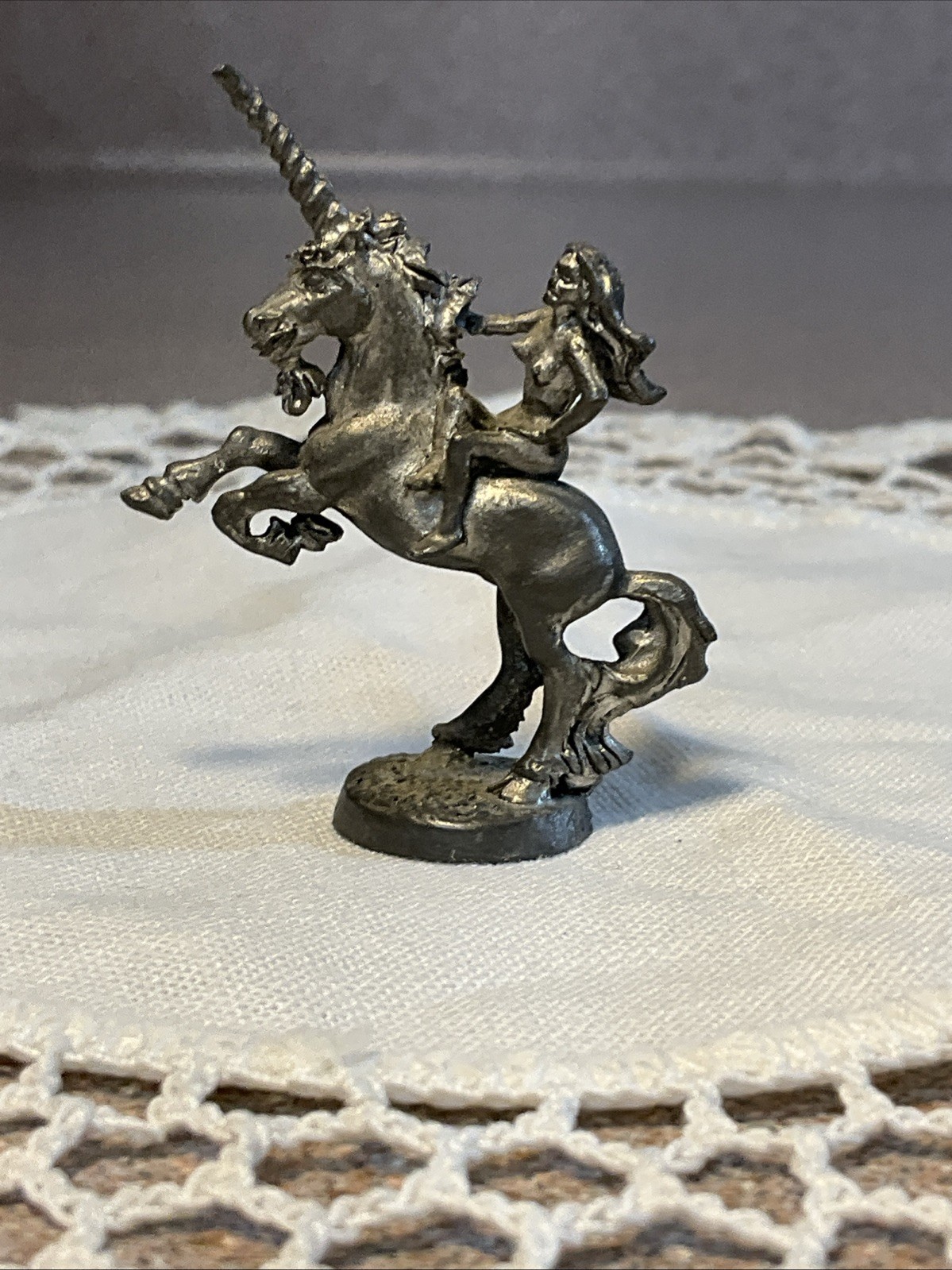 Vintage 1981 Artist Ray Lamb Perth Pewter 2” Woman On Unicorn Signed