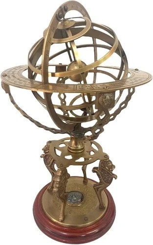 Brass Vintage Style Armillary Globe With Compass Nautical Sphere Engraved Wood