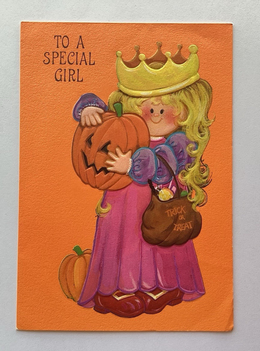 Vintage Halloween Card LITTLE PRINCESS HOLDING A JACK-O-LANTERN Hallmark Used
