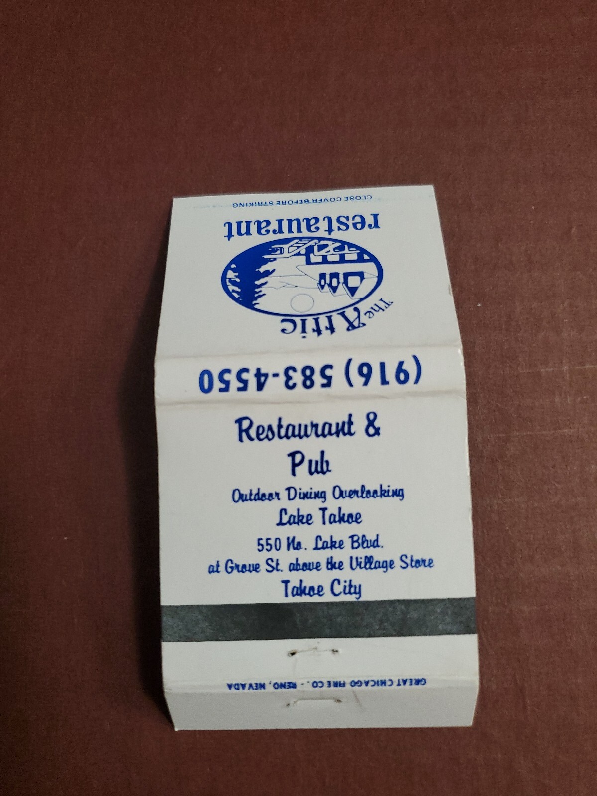 Vintage THE ATTIC RESAURANT & PUB NORTH LAKE TAHOE CITY Unstruck Matchbook Cover