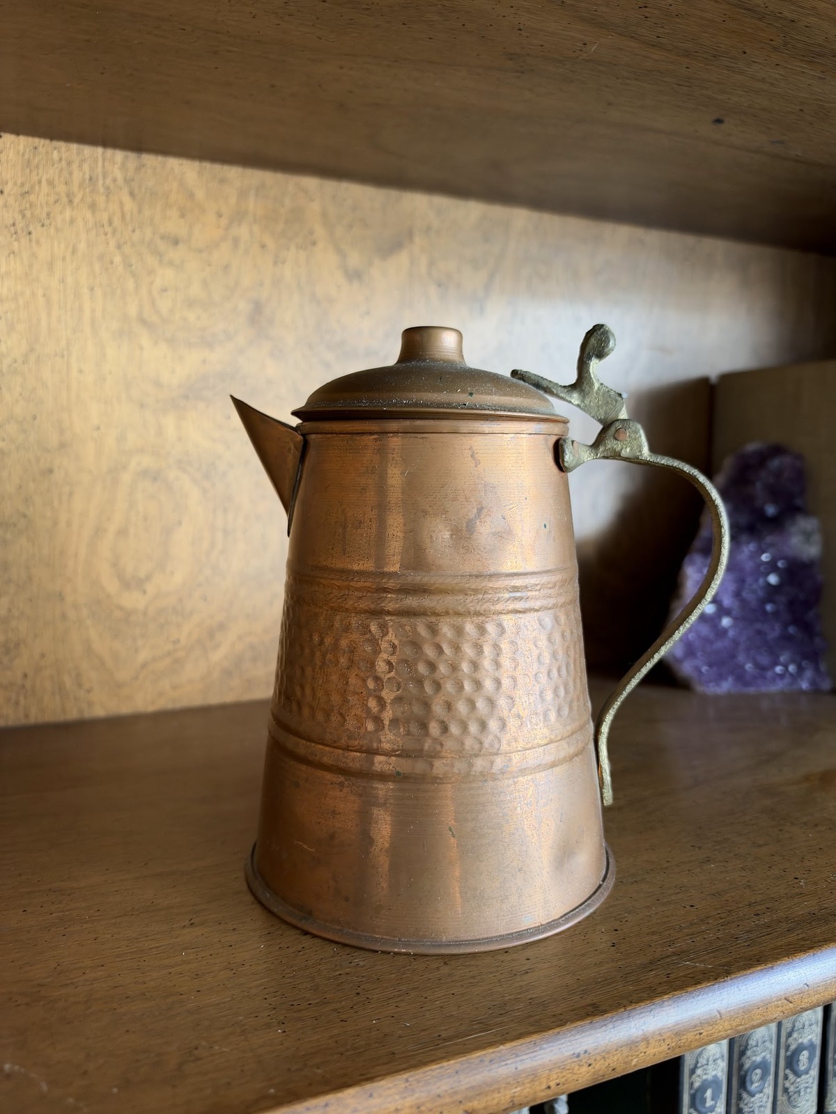 Vintage Hammered Copper Coffee Pot Hinged Lid Brass Handle 1970s Rustic Decor