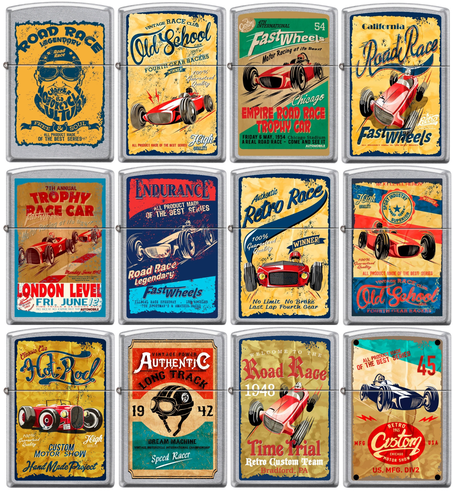 Zippo Old School 1940\'s Race Club 12 Lighter Set Vintage Poster Street Chrome