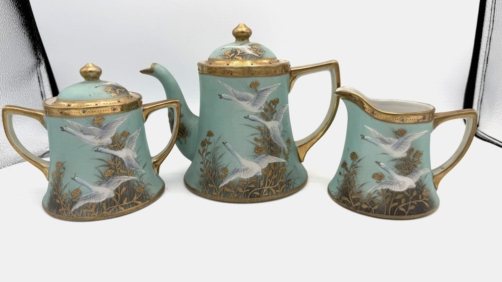 Antique Nippon Flying Geese Teapot Sugar Creamer Set Teal Gold Jeweled Paulownia