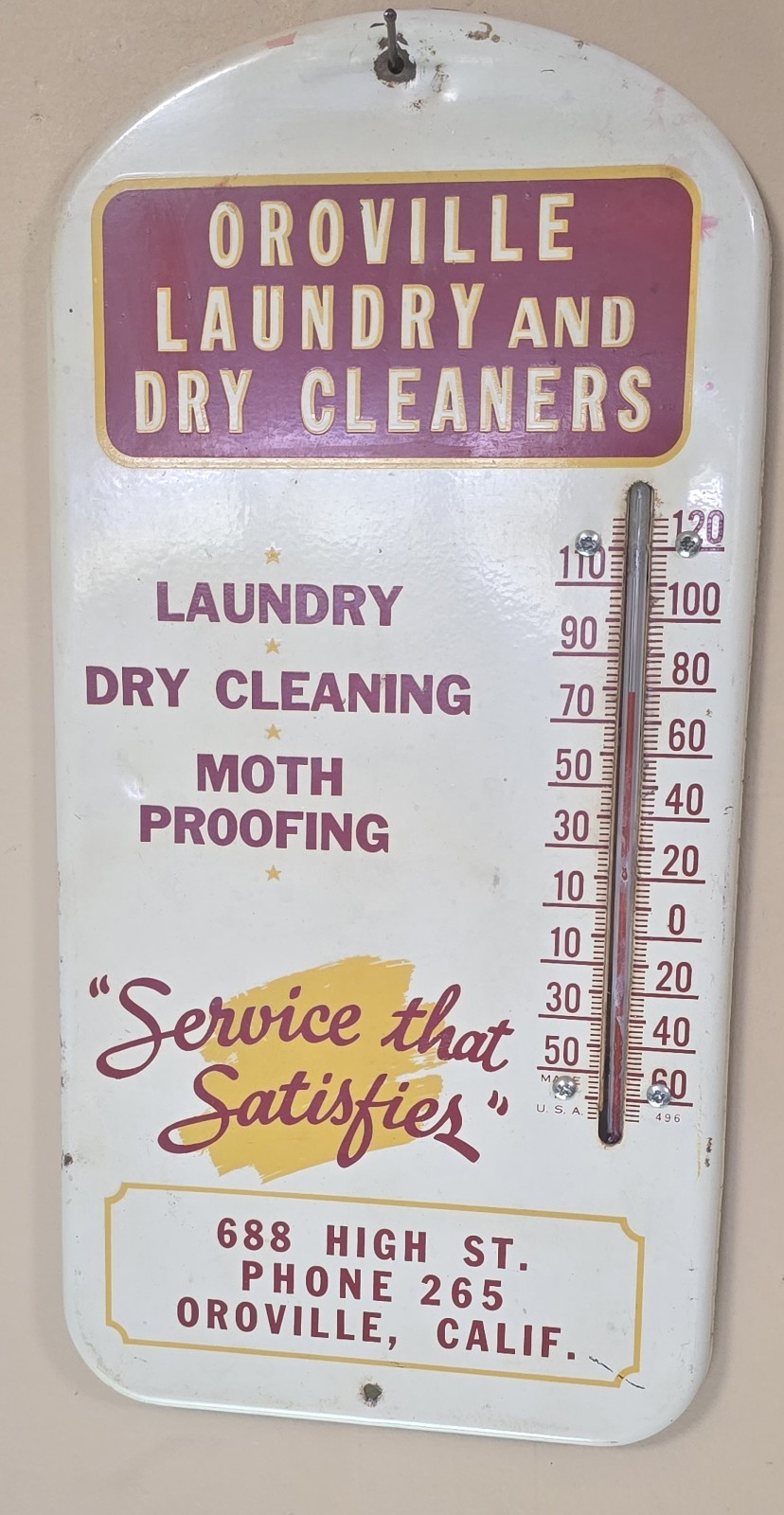 VINTAGE OROVILLE LAUNDRY & DRY CLEANERS STORE  THERMOMETER SIGN