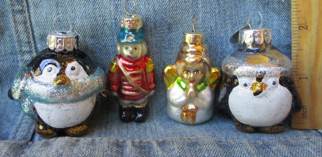 LOT OF 4 MINIATURE GLASS ORNAMENTS Penguin Soldier Angel Christmas BX-G