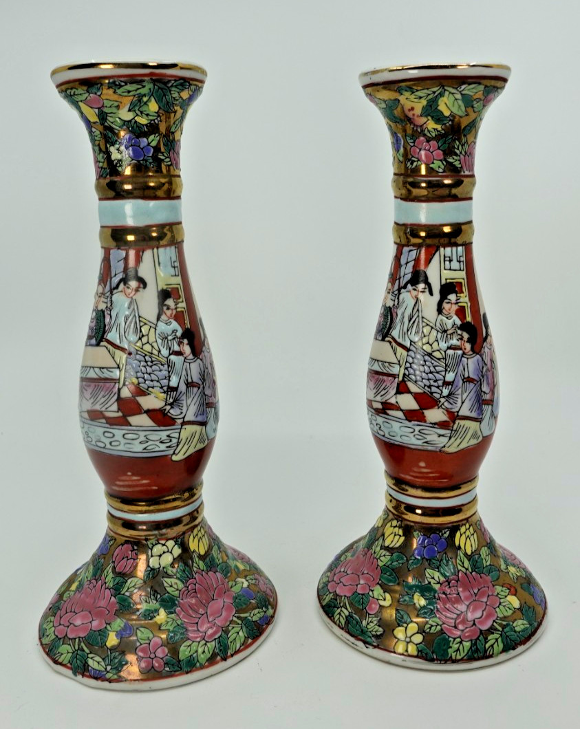 Figural Asian Floral Ceramic Candlesticks Pair Figural Asian Floral Ceramic Candlesticks Pair