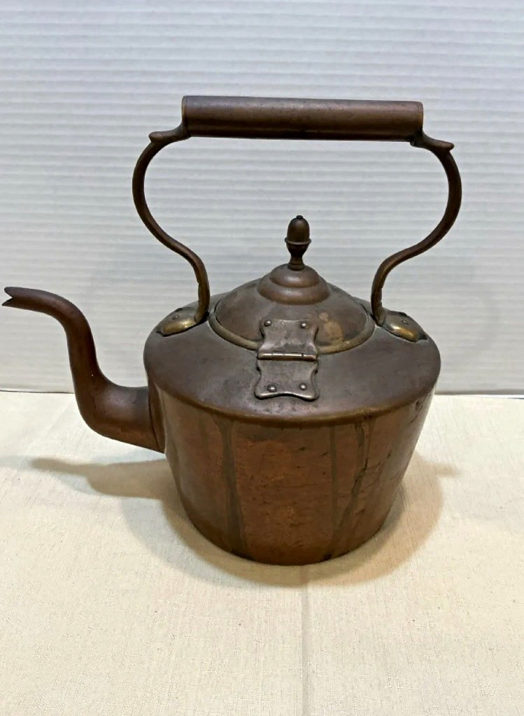 Antique 19thC Copper Tea Kettle Dovetail Seams Gooseneck Spout Primitive