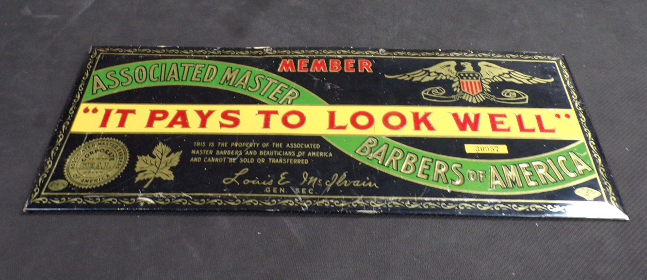 ORIGINAL VINTAGE 1920’S ASSOCIATED MASTER BARBERS OF AMERICA TIN SIGN ANTIQUE