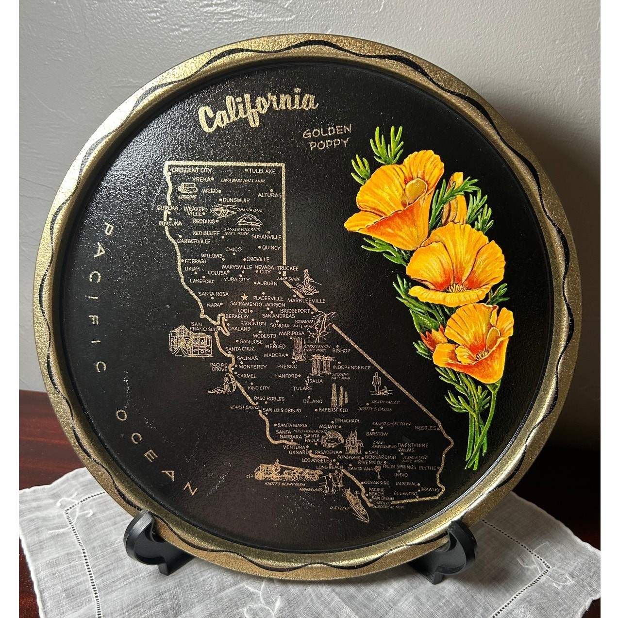 Vintage souvenir round metal tray California