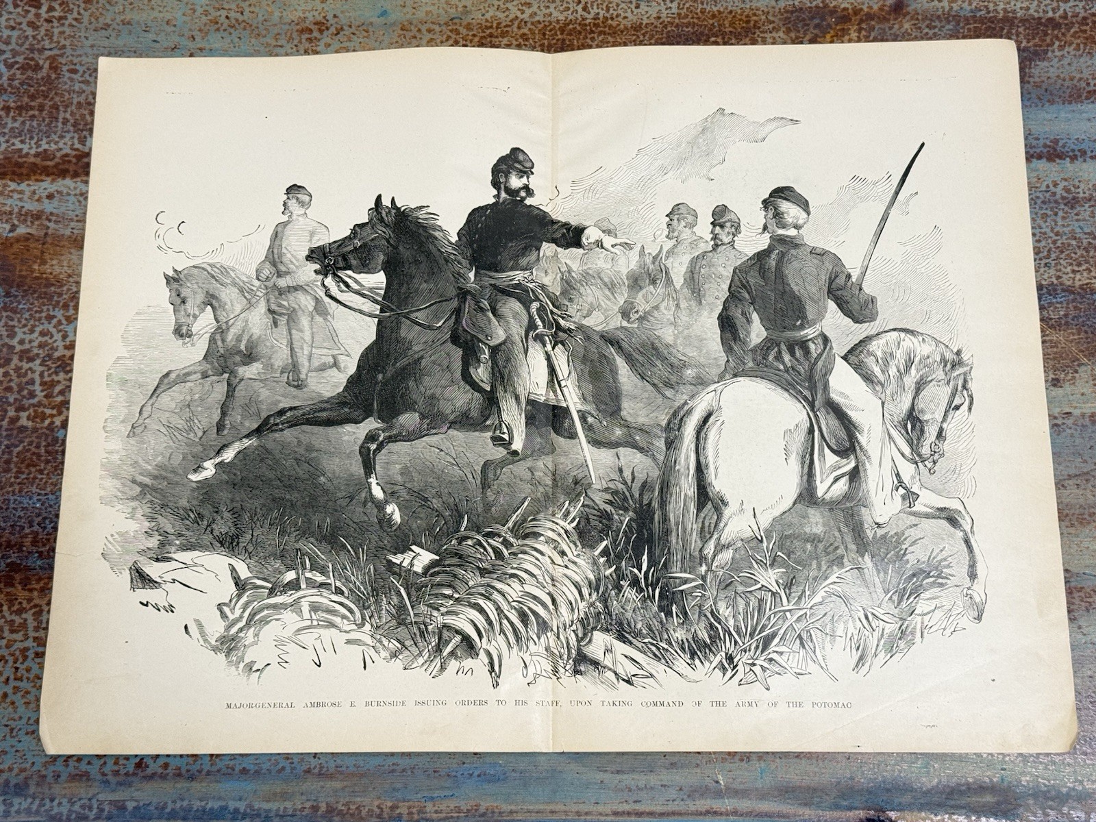 Antique Civil War Engraving: Gen. Burnside Issuing Orders to Staff