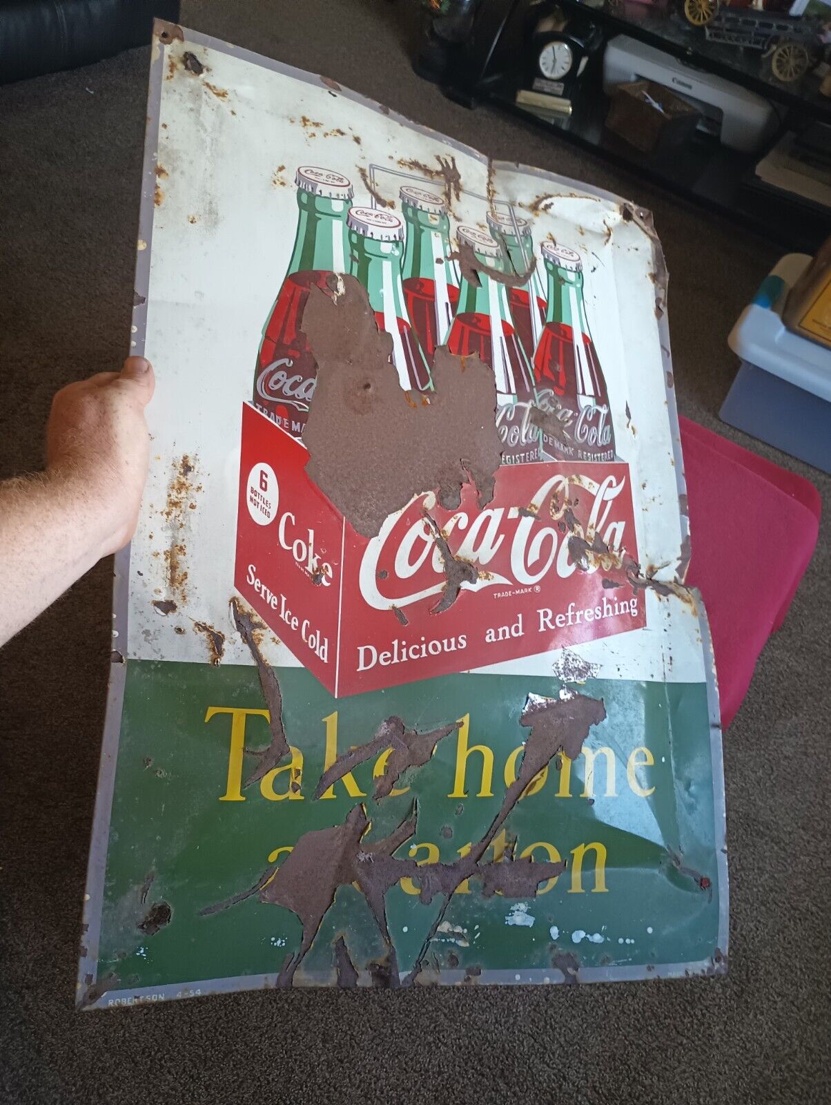 ANTIQUE 1954 COCA COLA SODA ADVERTISING SIGN Uncleaned Barn Fresh 🔥 Rare 6 Pack