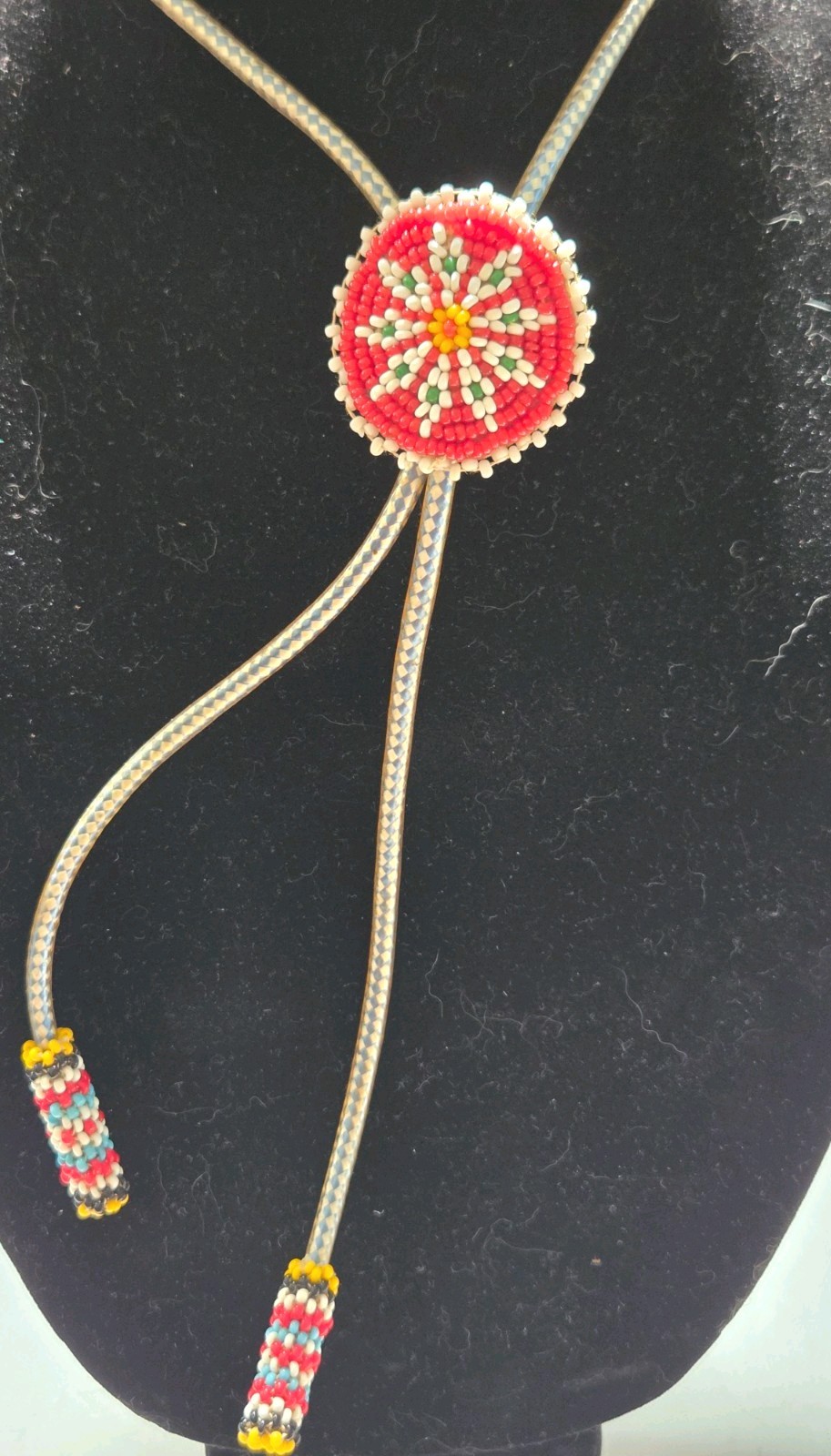 VTG Hand Beaded Bolo Tie Western Seed Bead Rosette Medallion Leather Back 2