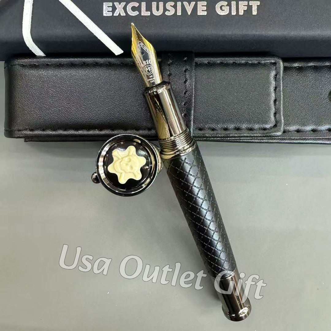 MONTBLANC Black Textured Fountain Pen Matte Gold Silver Tone w/ Pouch Luxury