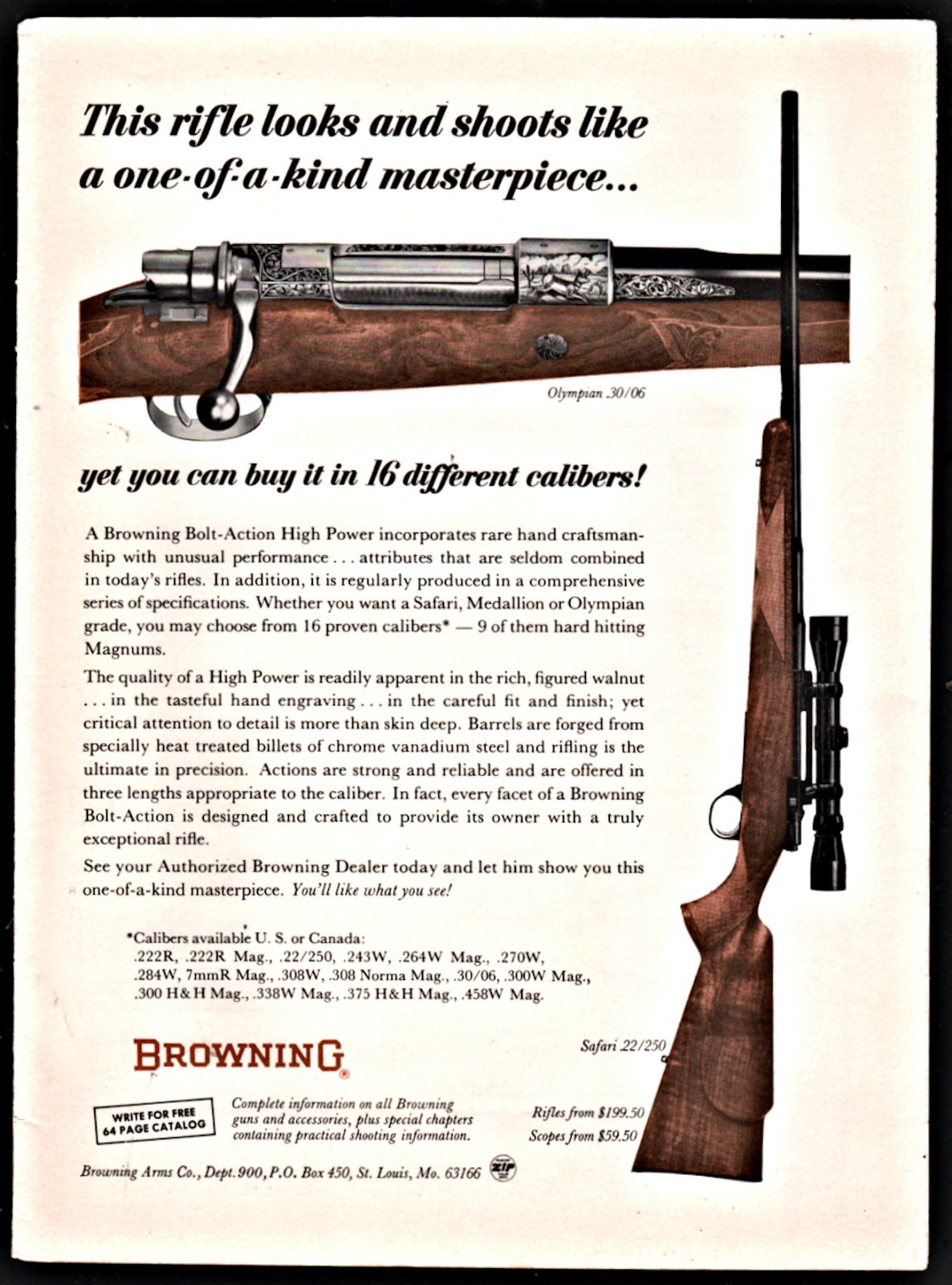 1966 BROWNING Bolt-Action Olympian & Safari Rifle PRINT AD