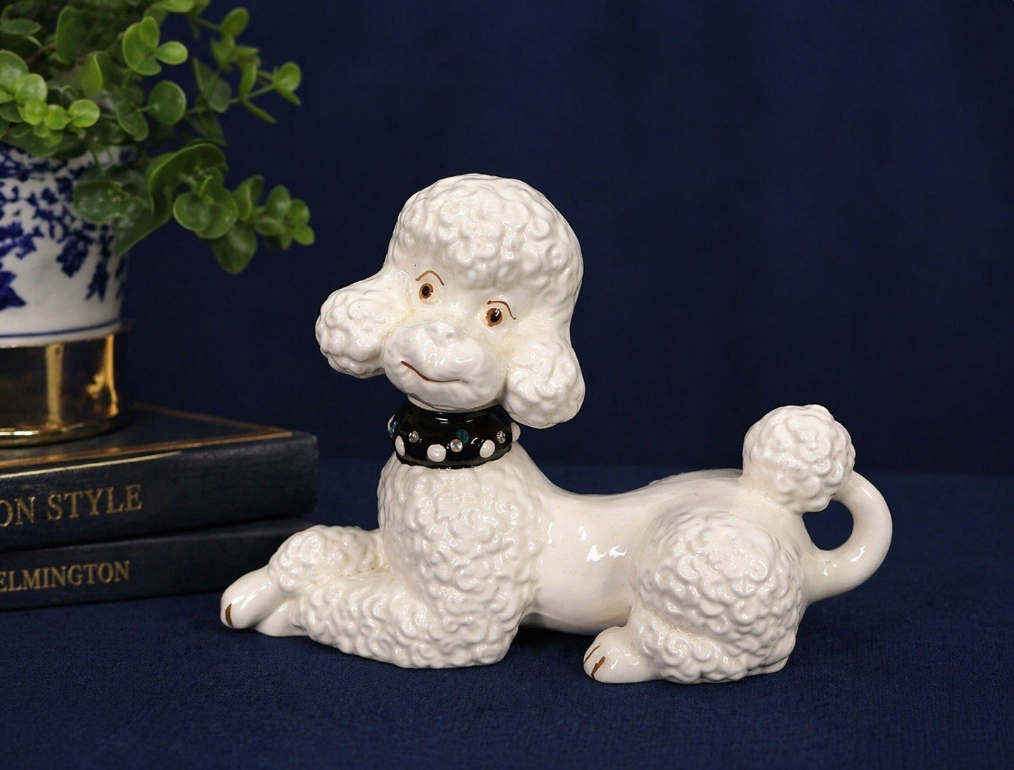 Porcelain Poodle Dog Decor Sculpture Ceramic Black & White Figure Handpainted