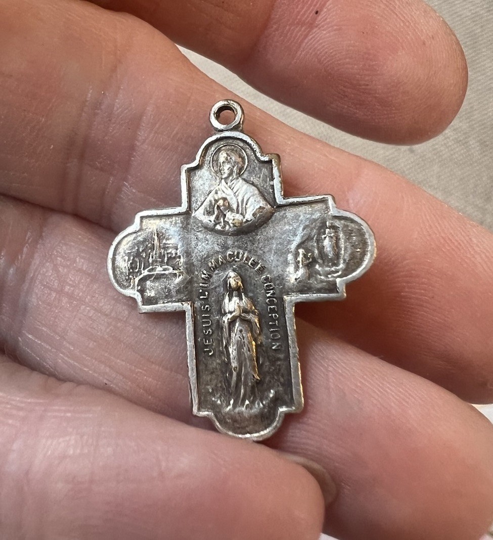 4 Way Cross Medal Lourdes 100 Year Anniversary French Silver charm Pendant 1”