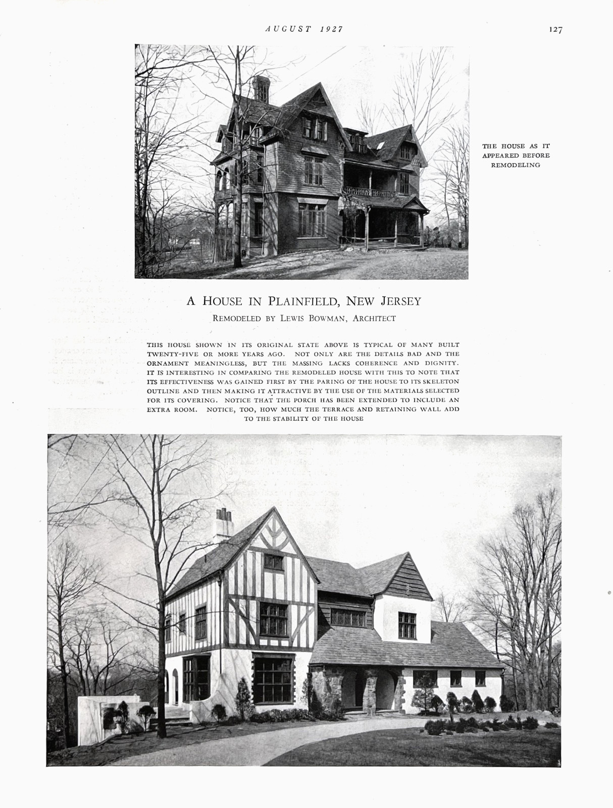 Plainfield NJ Lewis Bowman Tudor Remodel Before & After 1927 Magazine Excerpt