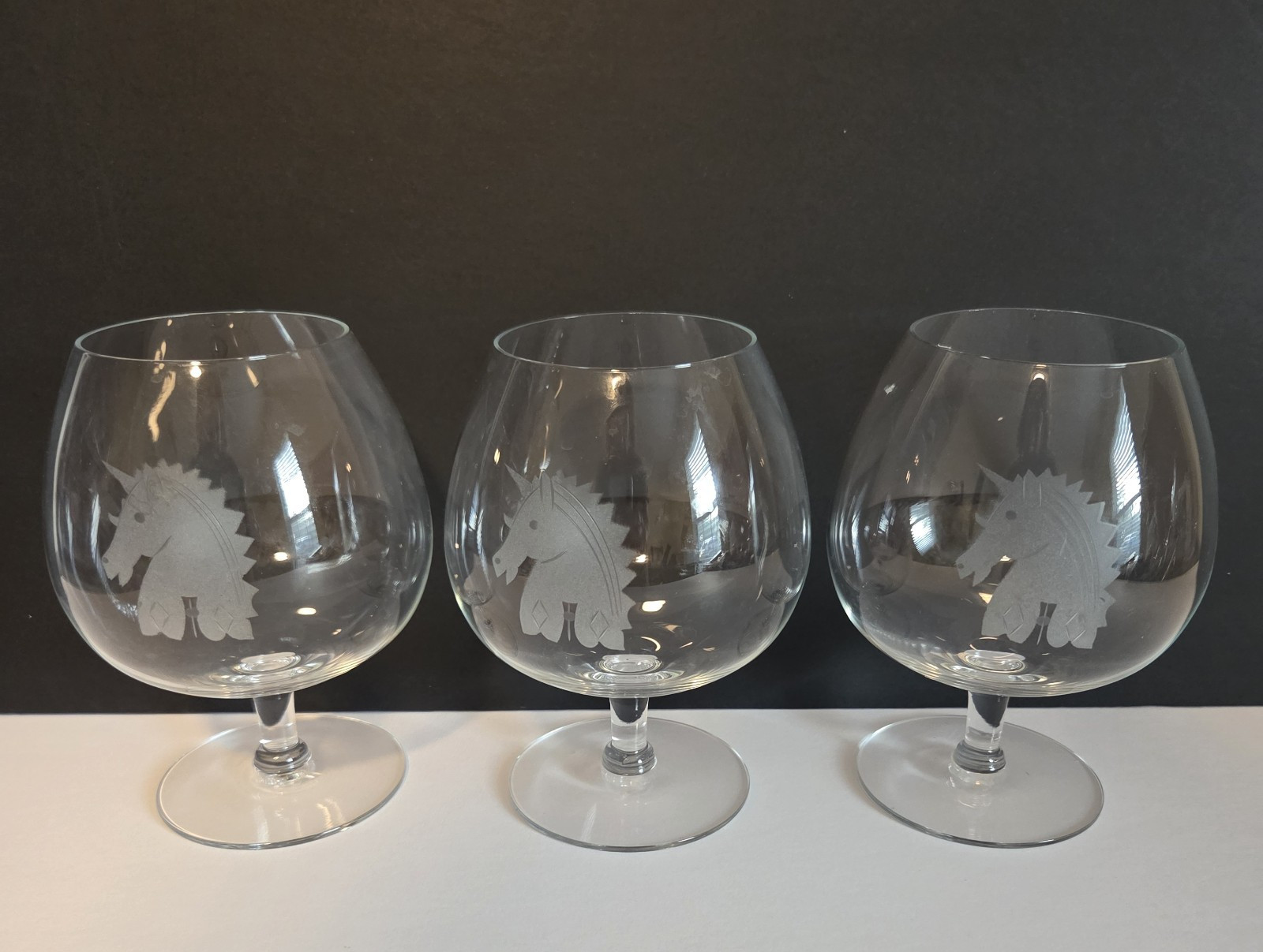 Brandy Snifter Cognac Glass Set 3 Etched Frosted Design Unicorn Head 6 inch High