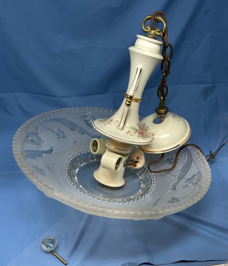 Complete Vintage Harmony Porcelain 3-light Chandelier Ceiling Fixture 16” Shade