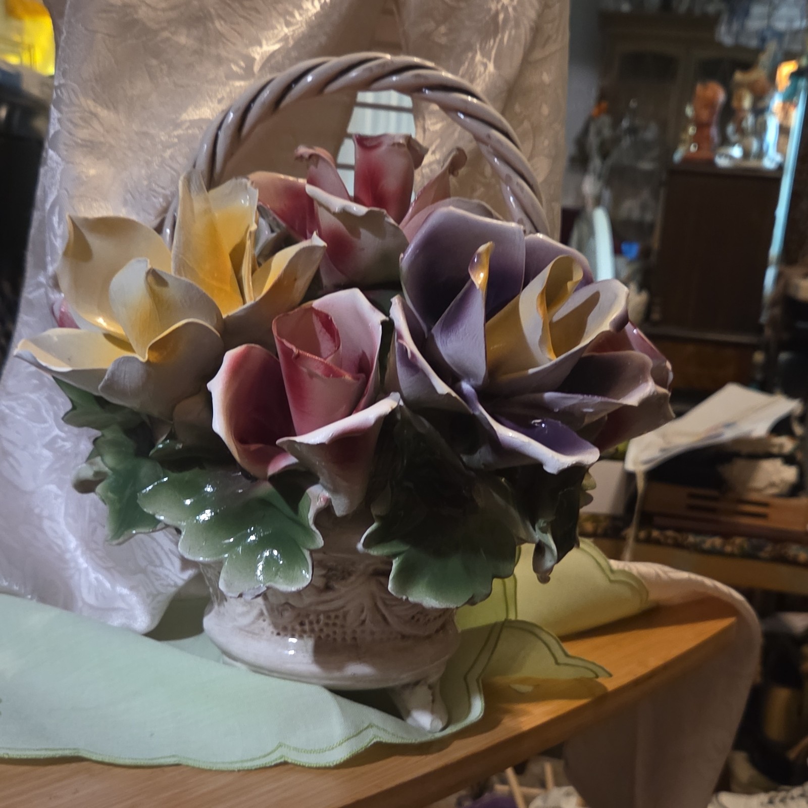 Capodimonte Porcelain Hand Painted Flower Basket Figurine Italian Floral