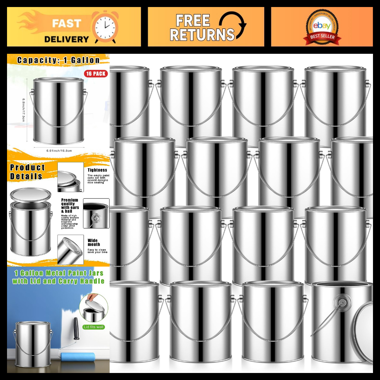 16 Pcs 1 Gallon Metal Paint Cans with Lids & Handles - Empty Silver Containers