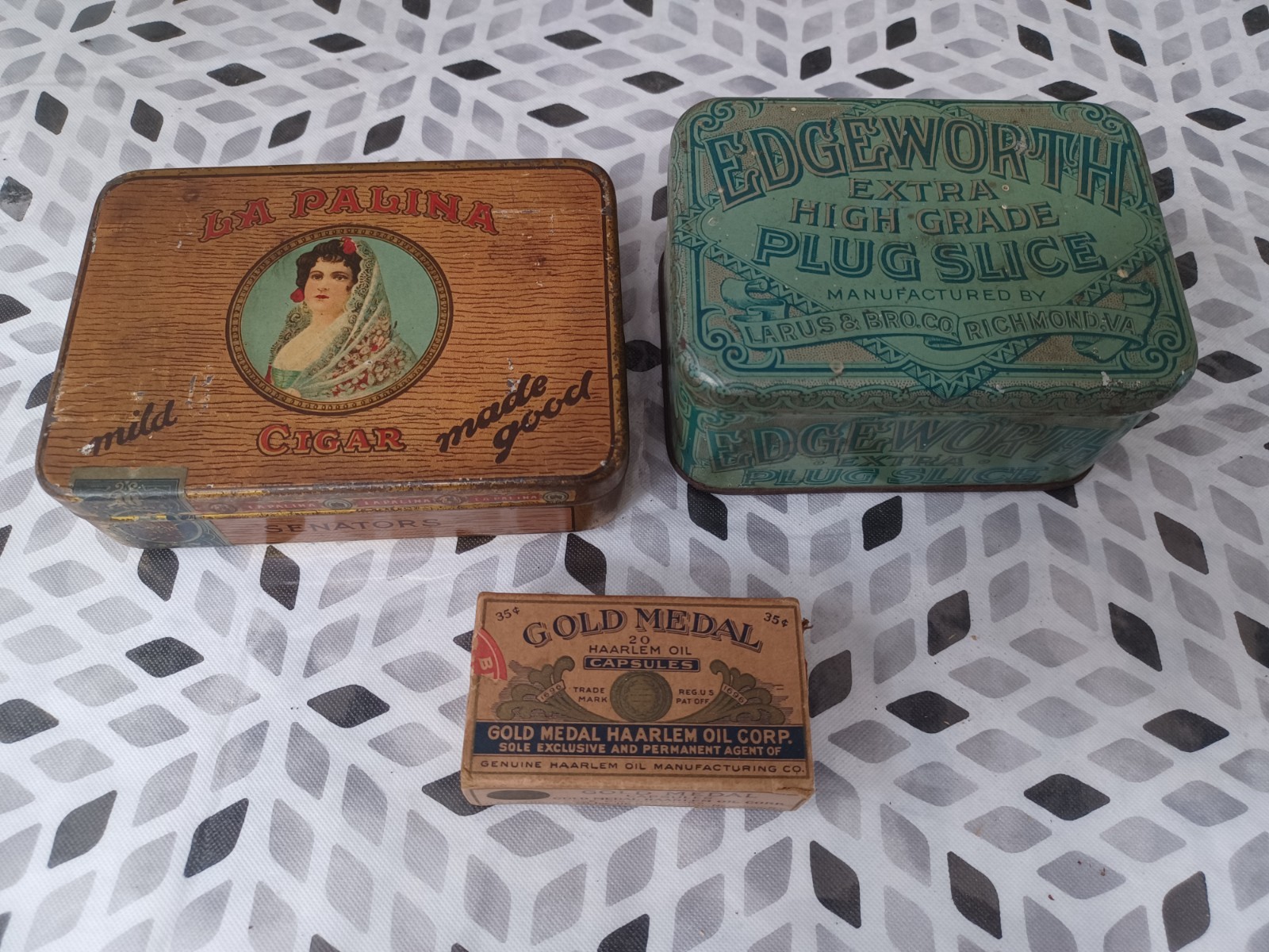 Edgeworth Plug Slice Tobacco & La Palina Cigar Tin Lot + Gold Medal Haarlem Oil