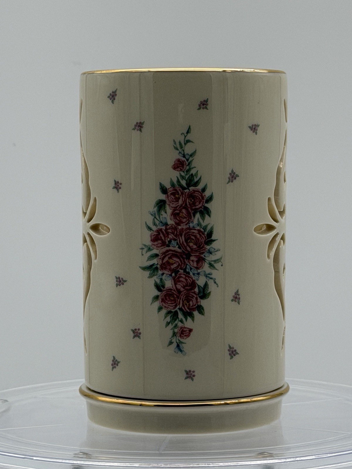 Lenox Ivory Porcelain Pierced Cylinder Votive Candle Holder Pink Roses Gold Trim