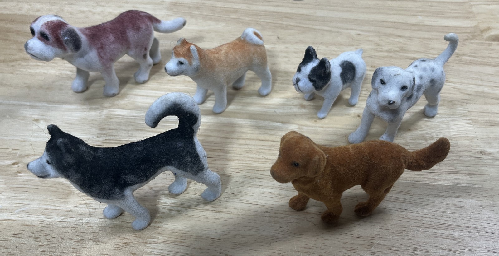 Vintage Miniature Flocked Felt Dog Figurines - Fuzzy Figures - Puppy - Lot Of 6