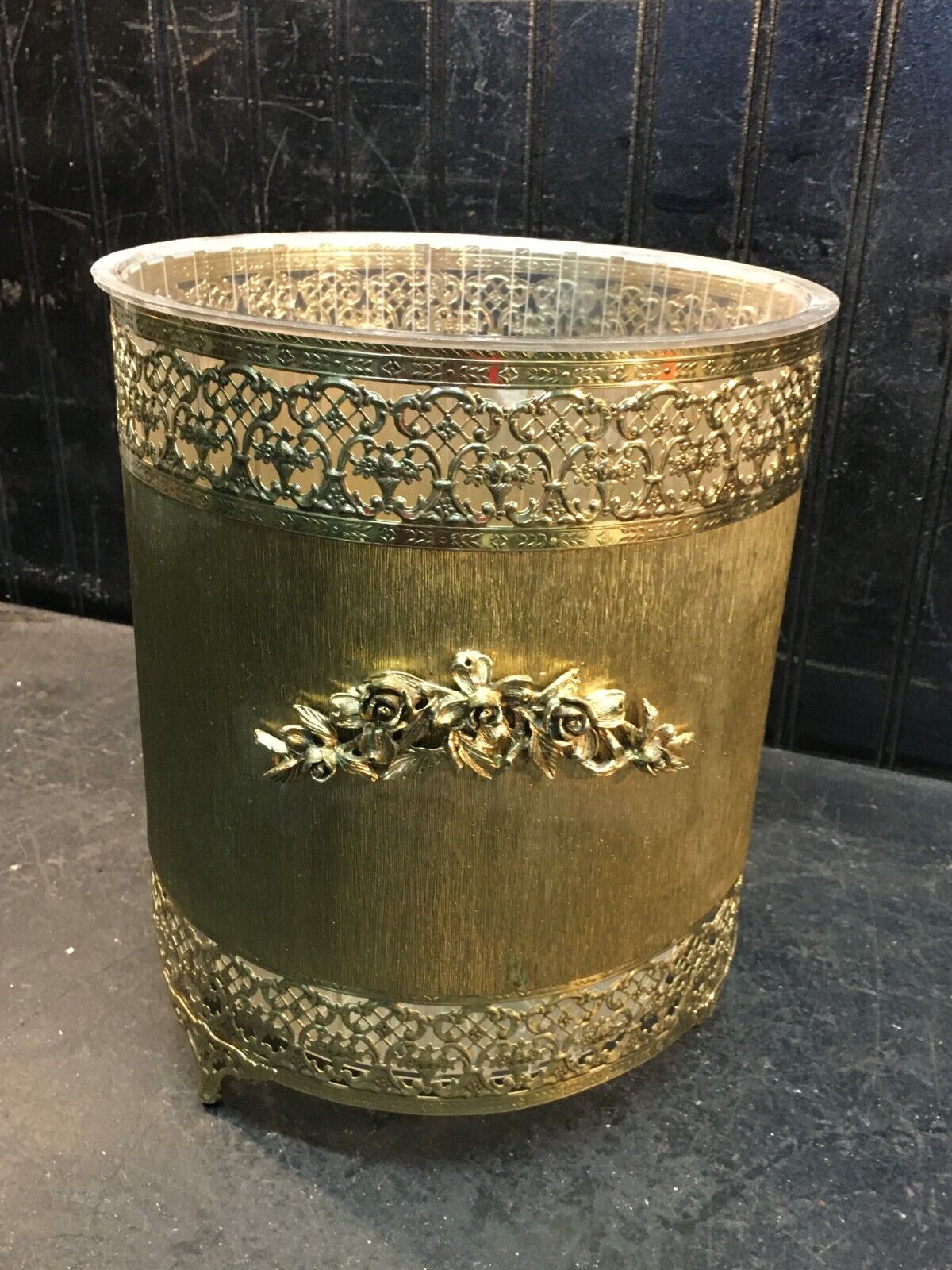 Vintage Mid Century Modern Gold Waste Trash Can Lucite Insert 10in x 8.5in