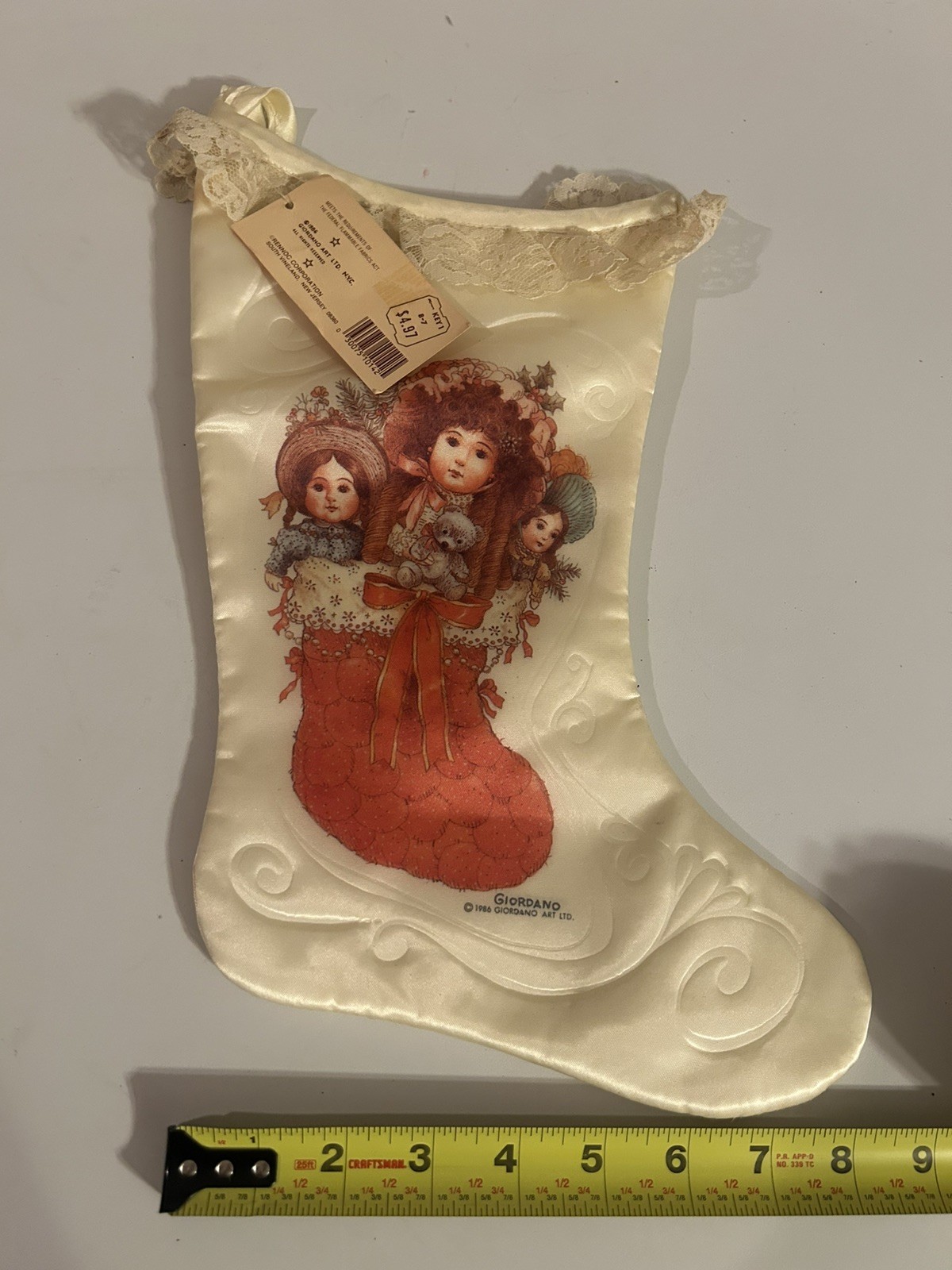 Vintage 1986 Giordano Silk With Lace Trim Christmas Stocking