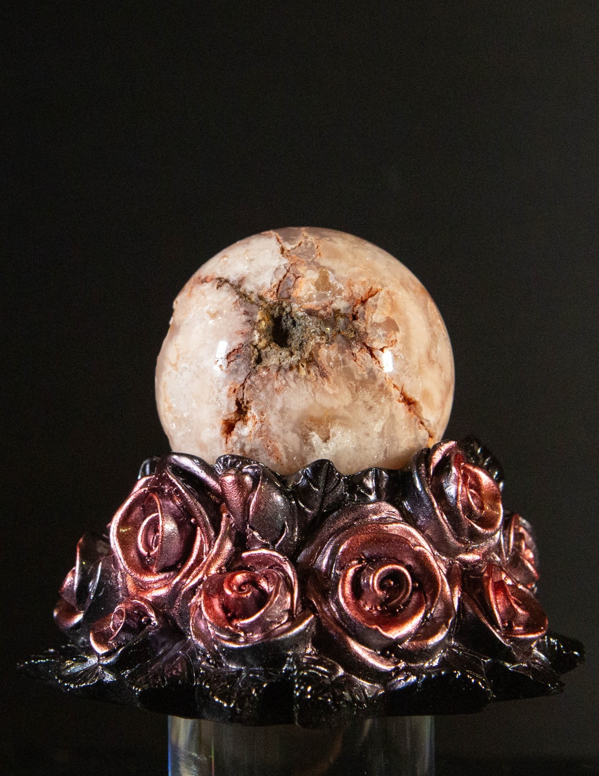 Rare Pink Amethyst Flower Agate Druzy Geode Sphere 45mm w/ Carved Rose Stand