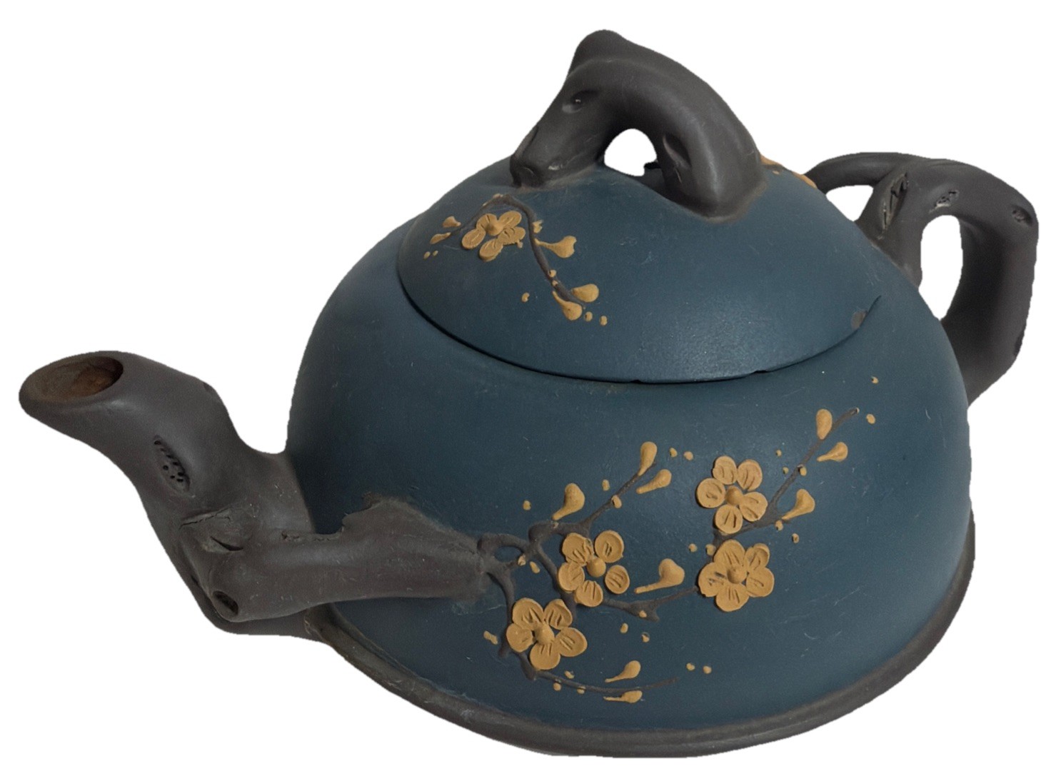 Asian Chinese clay YiXing Blue Branches Blossoms Pottery Teapot Signed Asian Chinese clay YiXing Blue Branches Blossoms Pottery Teapot Signed