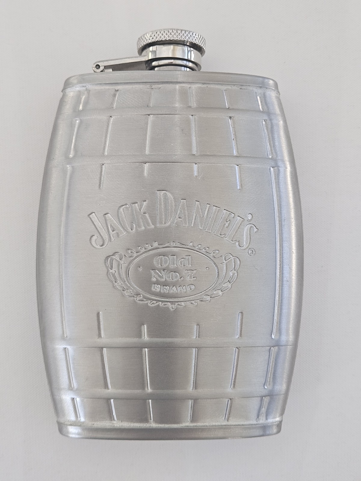 Jack Daniels Old No 7 Stainless Steel 6oz Barrel Shaped Hip Flask 2007 Silver