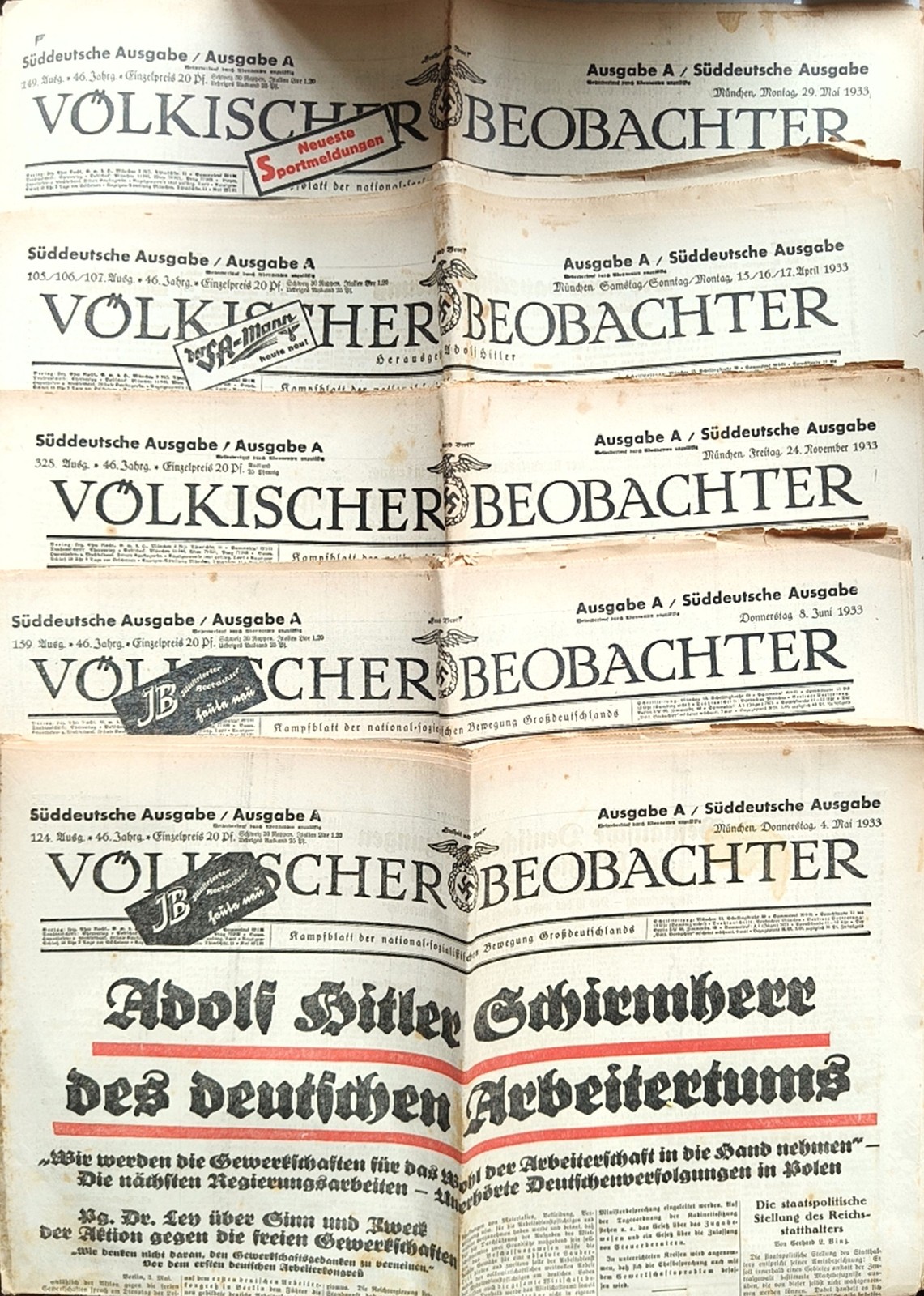 Lot of 5 vintage Völkischer Beobachter Nazi newspapers 1933 Germany WWII