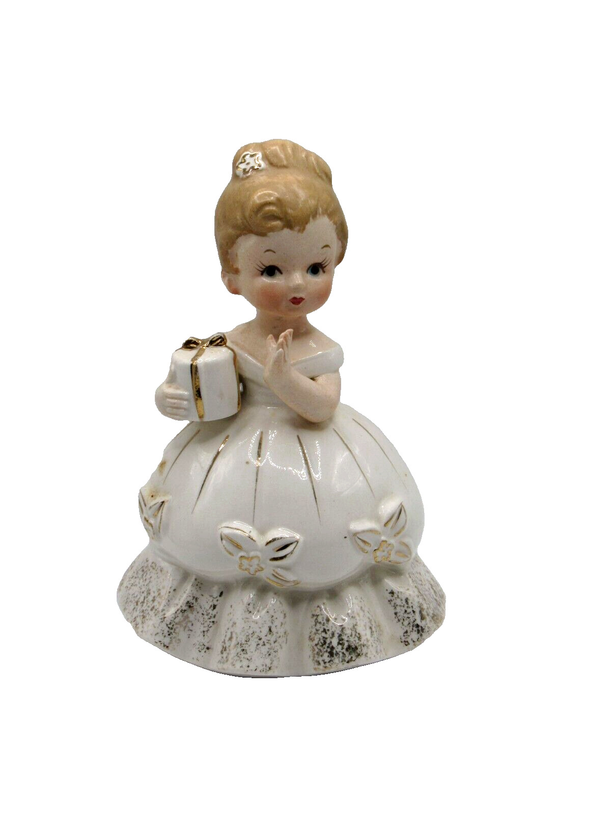 Vintage Figurine - Girl in White Dress w/ Gift Box -Gold Trim (Made in Japan)