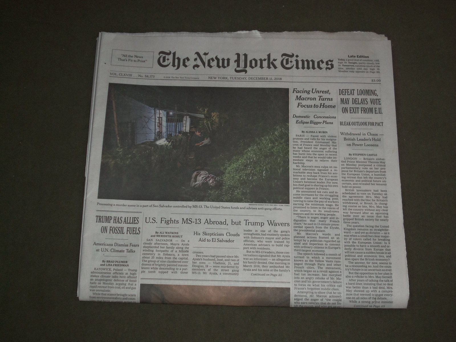 2018 DECEMBER 11 NEW YORK TIMES - THERESA MAY DELAYS VOTE ON EXIT FROM E.U.