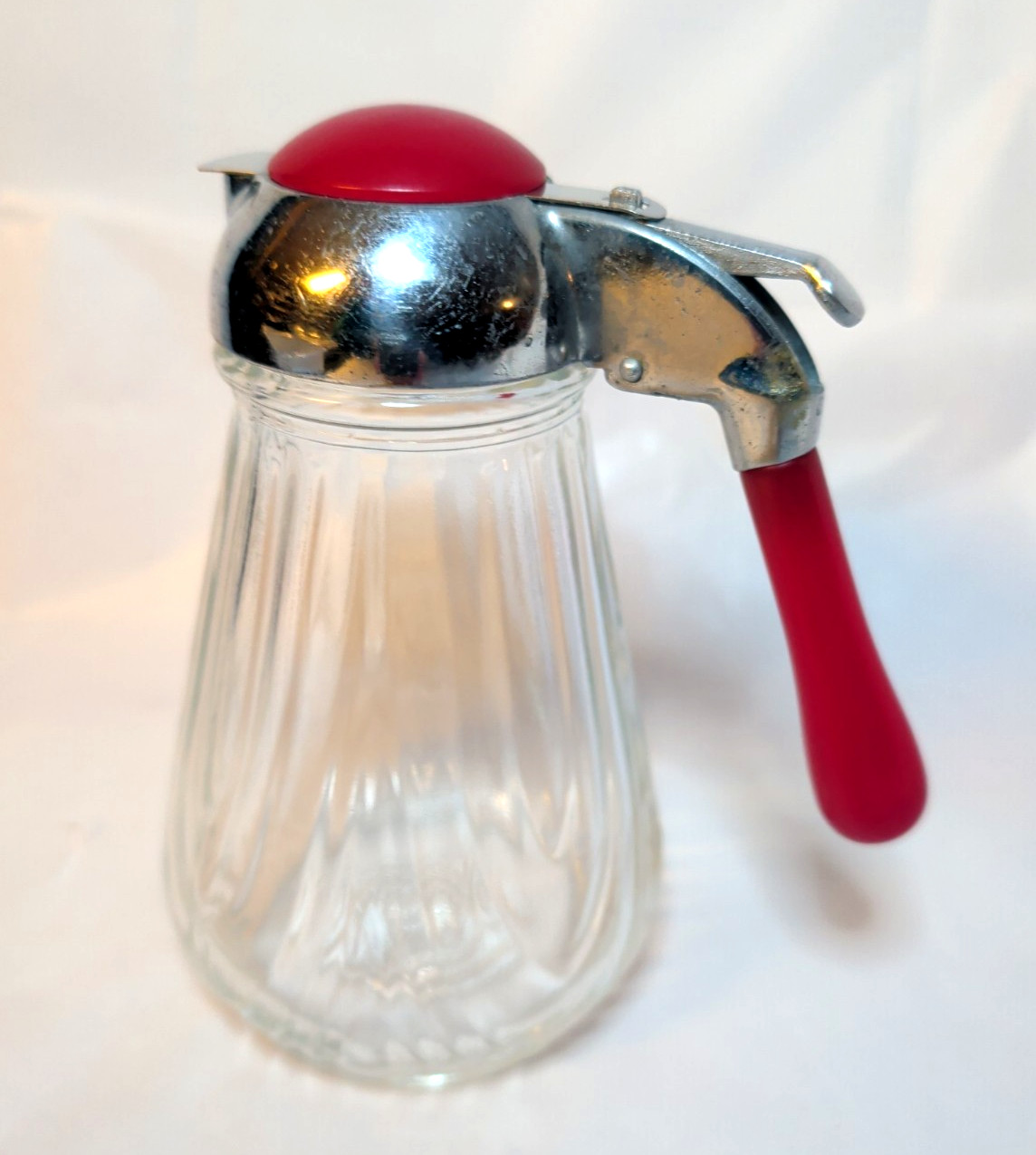Vintage Federal Tool Co. Glass Syrup Dispenser Chrome- Red Bakelite Handle -USA