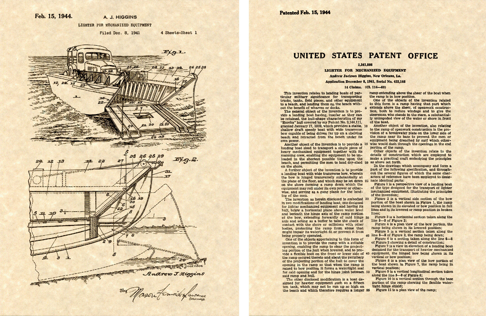 HIGGINS BOAT 1941 Vintage US Patent ART PRINT READY TO FRAME LCM World War