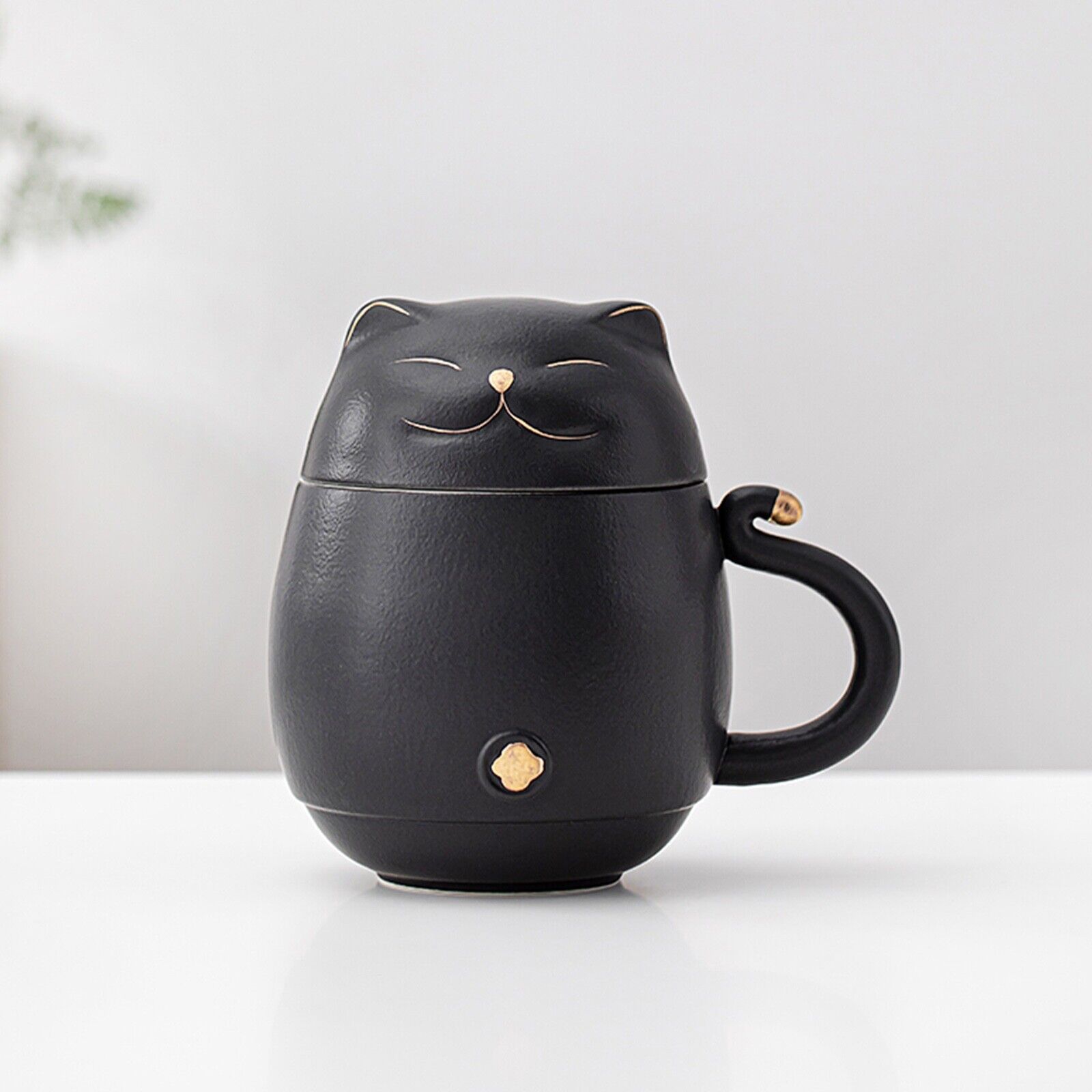 Embersceramic Lucky Cat Ceramic Tea Cup with Infuser Cute Cat Tea Mug with Lid