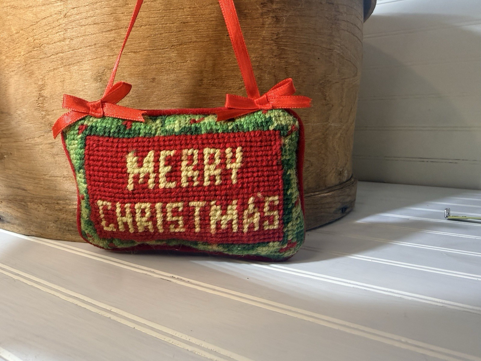 Vintage Holiday Needlepoint Mini Pillow Merry Christmas Ornament Door Hang Bows