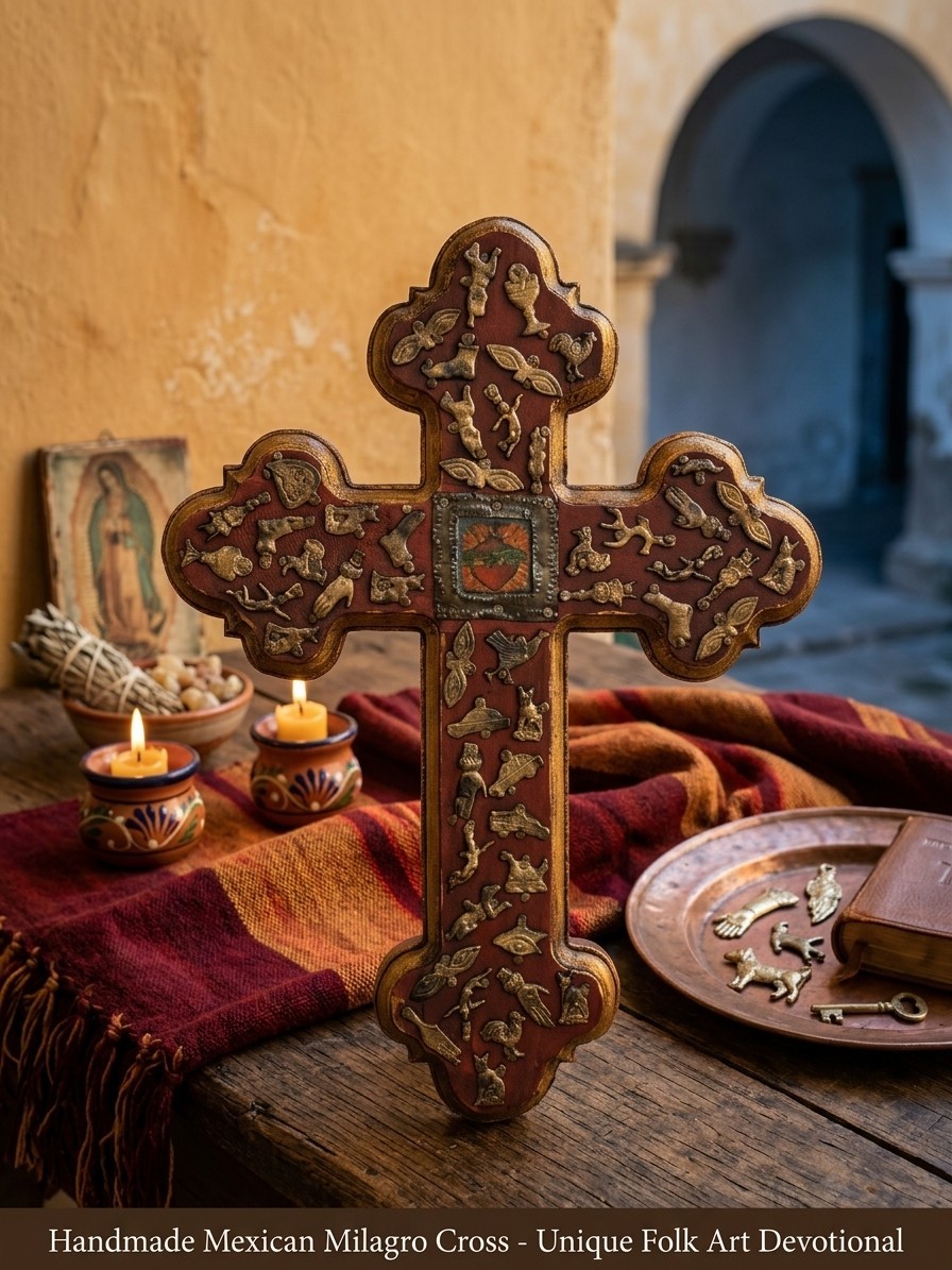 Vintage Mexican Milagro Cross Sacred Heart Wood Folk Art 12 in