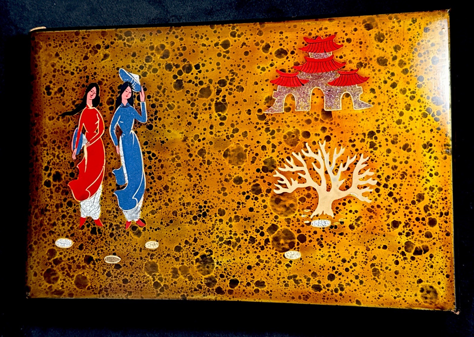 Vintage Vietnamese Black Lacquer Shell/Stone Inlay Hand Crafted Photo Album Book